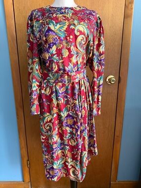 Vintage Maggy London Red Multicolor Paisley Long-Sleeve Belted Dress 100% Silk